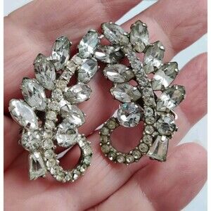 Vintage 1.75" Clear Glass Bling Rhinestone Spray Clip On Earrings